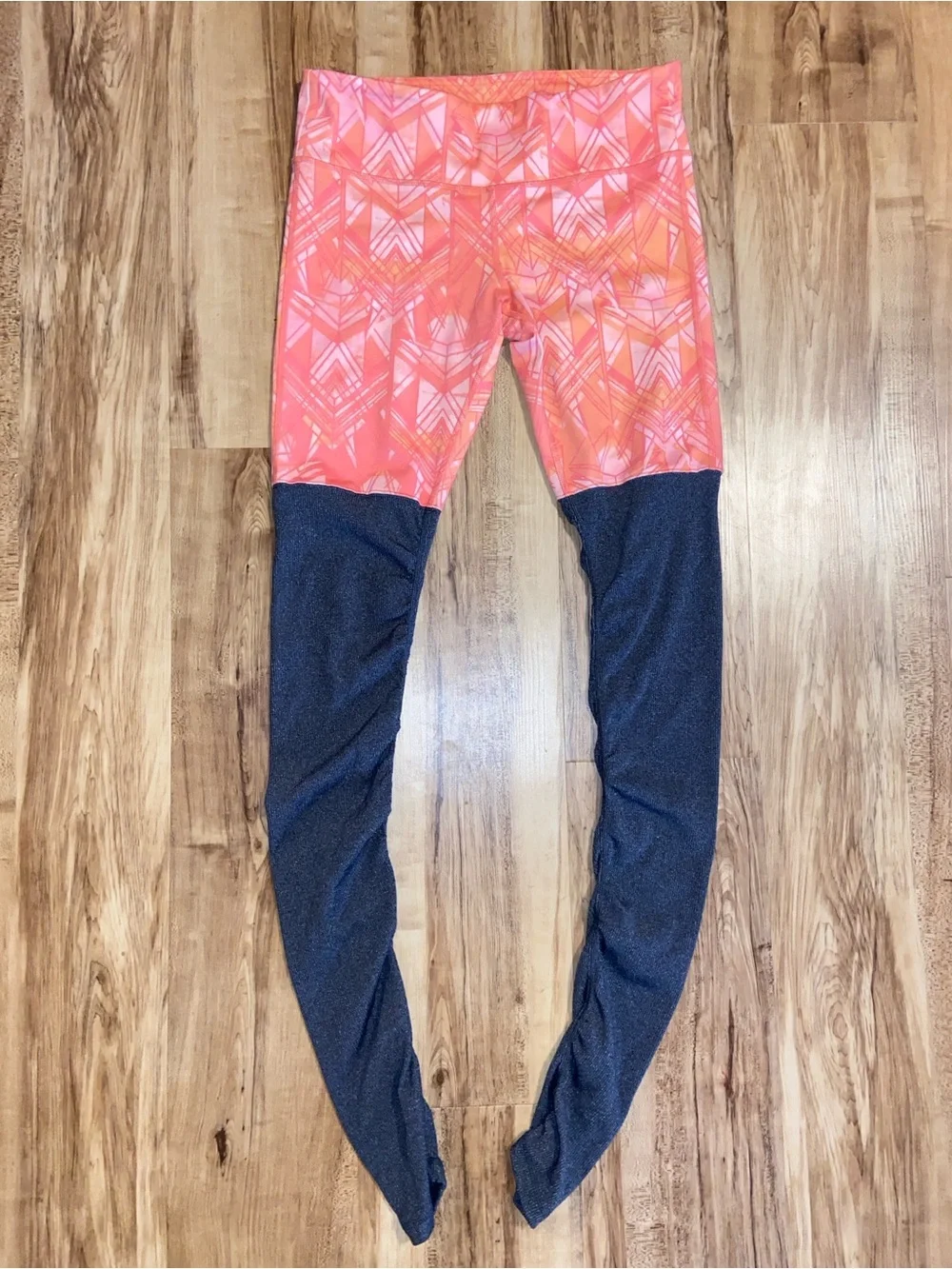 ALO Goddess Ribbed Coral Pattern and Gray Colorblock Leggings